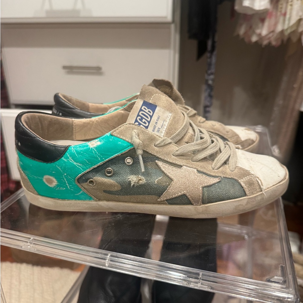 Golden Goose Teal and Beige Star Sneakers